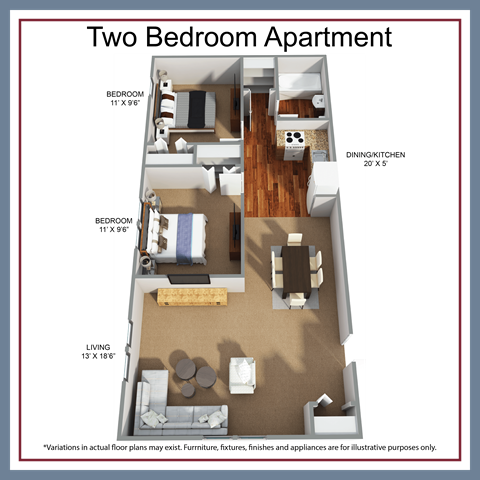 Floor plan for 2 beds, 1 bath, 722 sqft